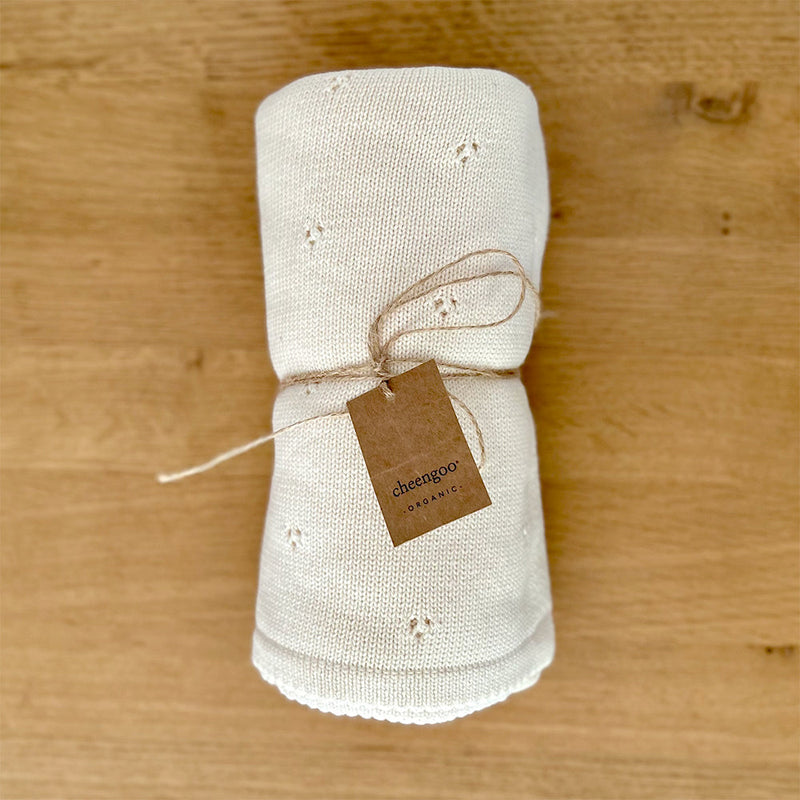 Cloverleaf Eyelet Knit Blanket, Cream