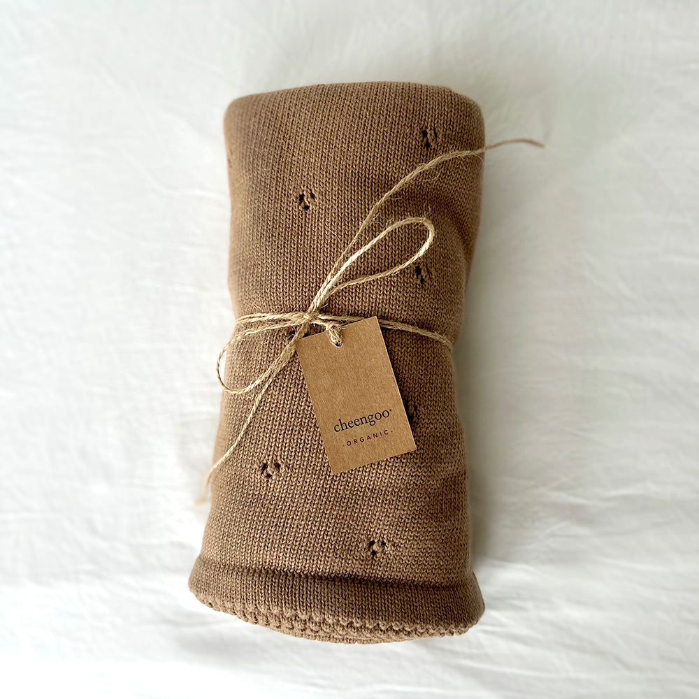 Cloverleaf Eyelet Knit Blanket in Taupe