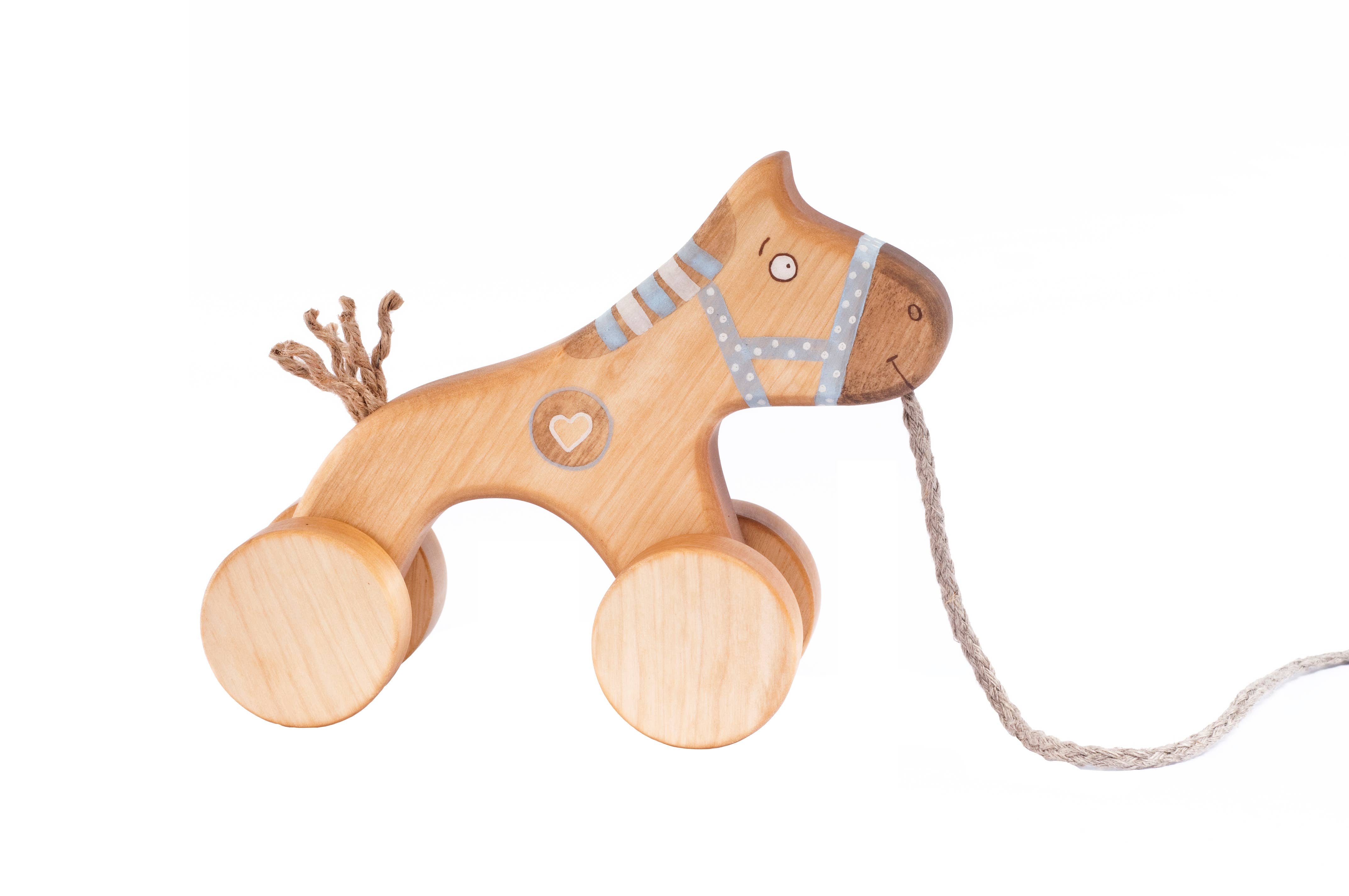 Handcrafted Birch Wood Blue Horse Pull Toy