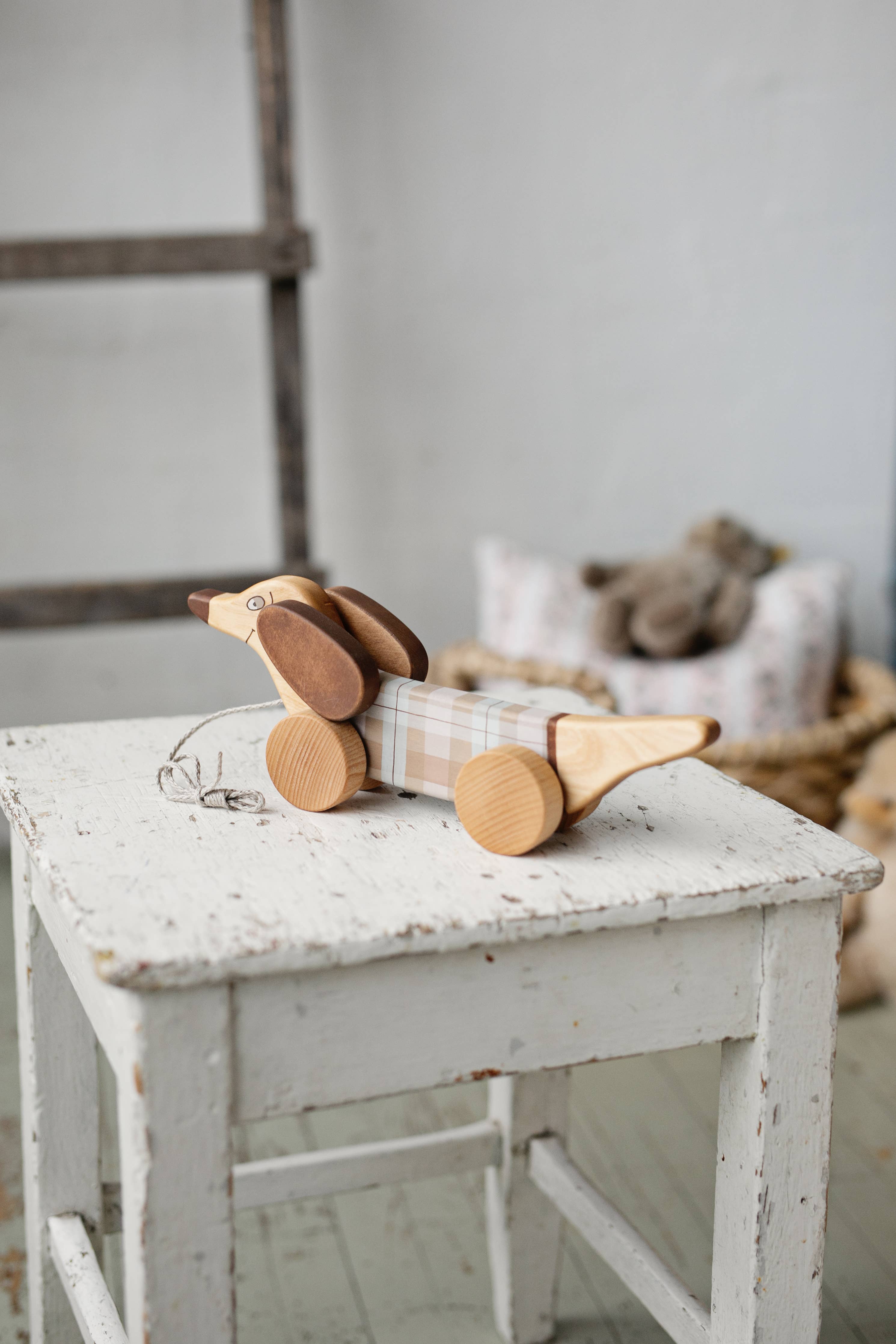 Handcrafted Birch Wood Pastel Sausage Dog Pull Toy