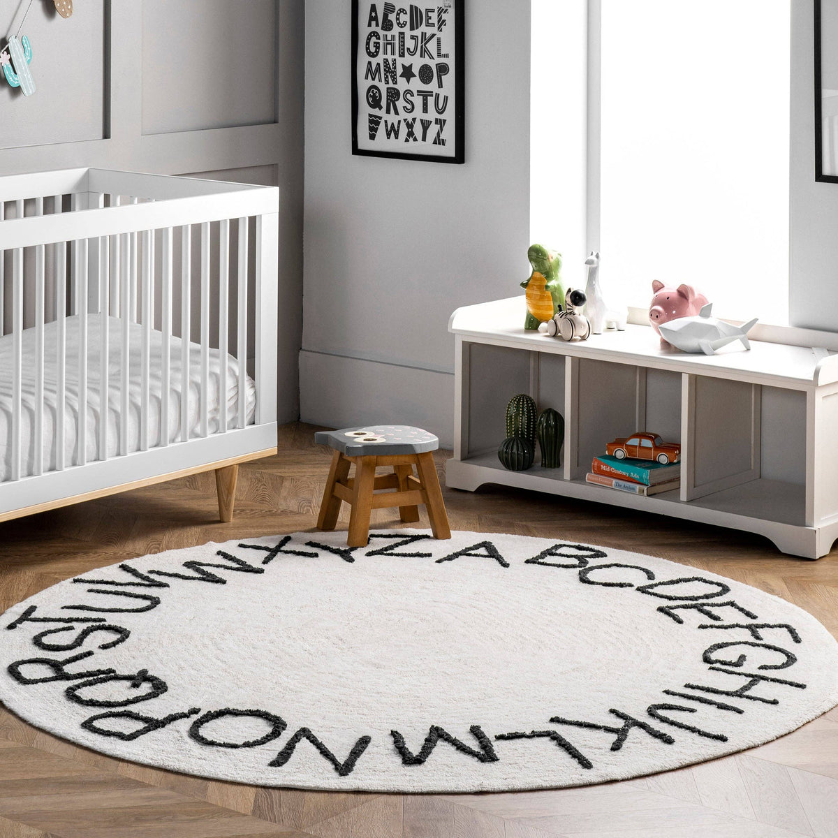 Washable Round Alphabet Rug, Blue, 6 ft