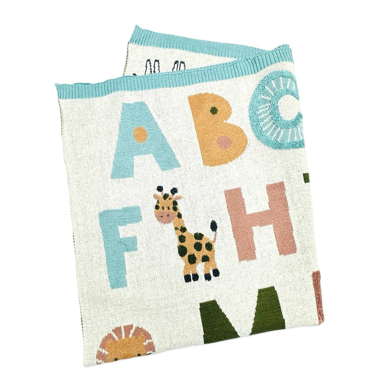 Alphabet Blue - Organic Jacquard Sweater Knit Baby Blanket: Natural/Blue