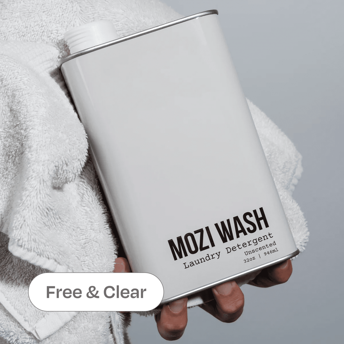 Mozi Wash Free and Clear laundry detergent tin