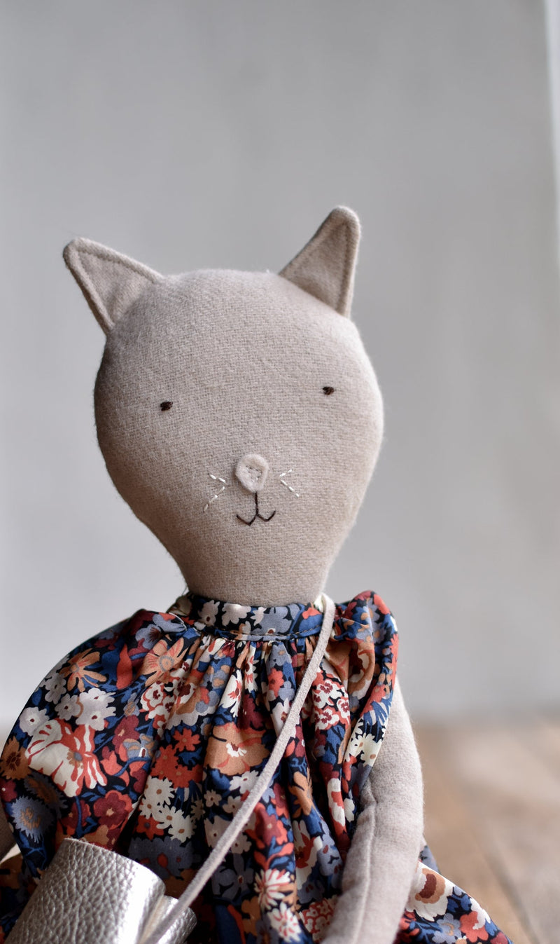 Mae the Cat Heirloom Wool Doll in Liberty Floral Dress