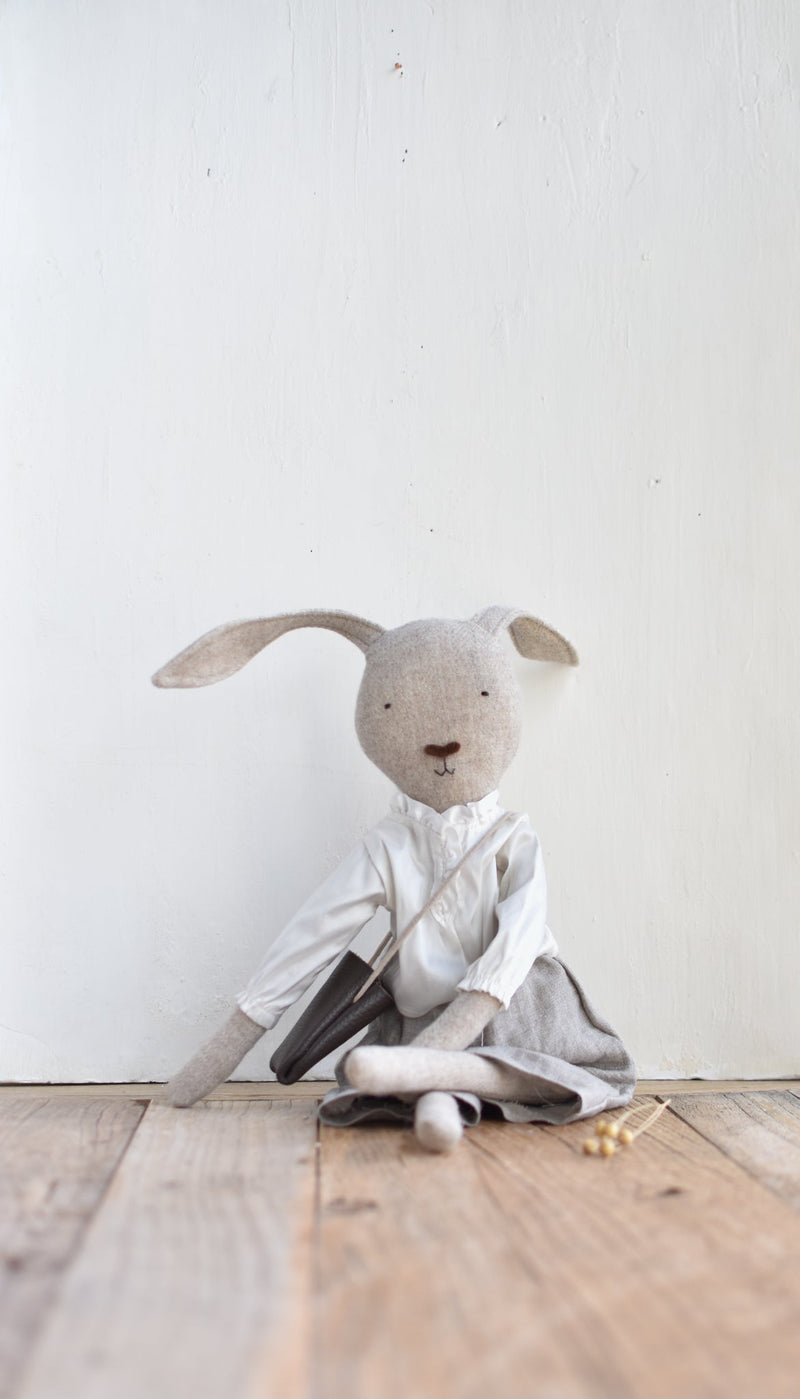 Ruthie the Rabbit Heirloom Wool Doll in Silk Blouse and Linen Trousers