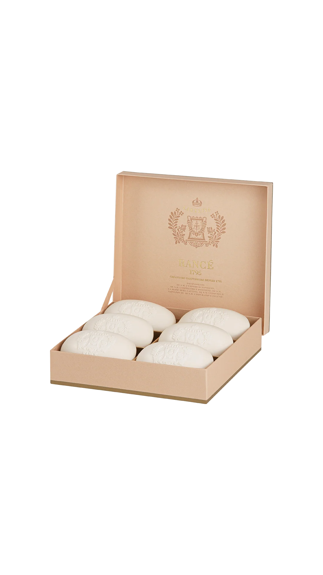 Laetitia Fine Soaps by Rancé, six bars in an open presentation box