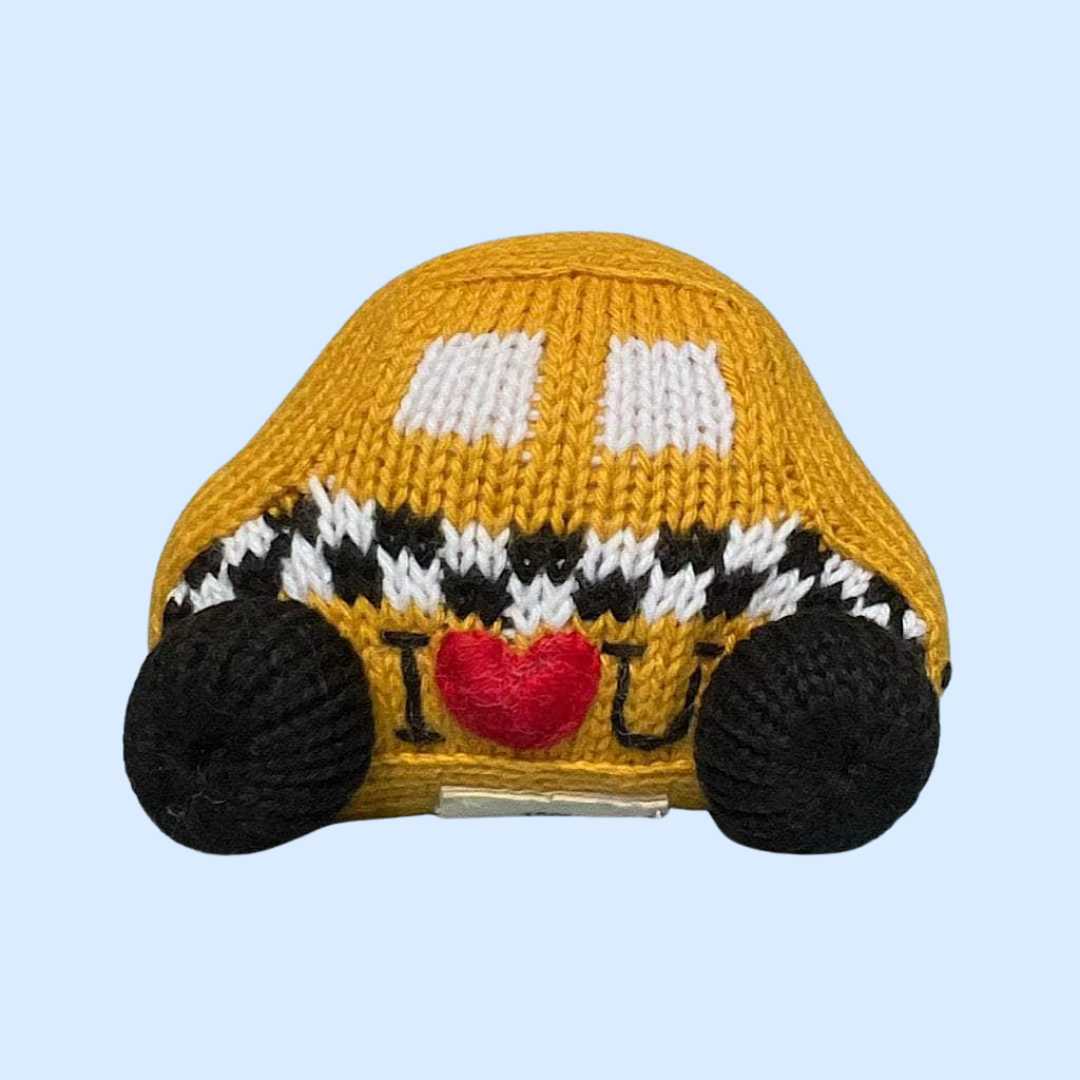 Estella I Love Taxi rattle, hand-knit organic cotton