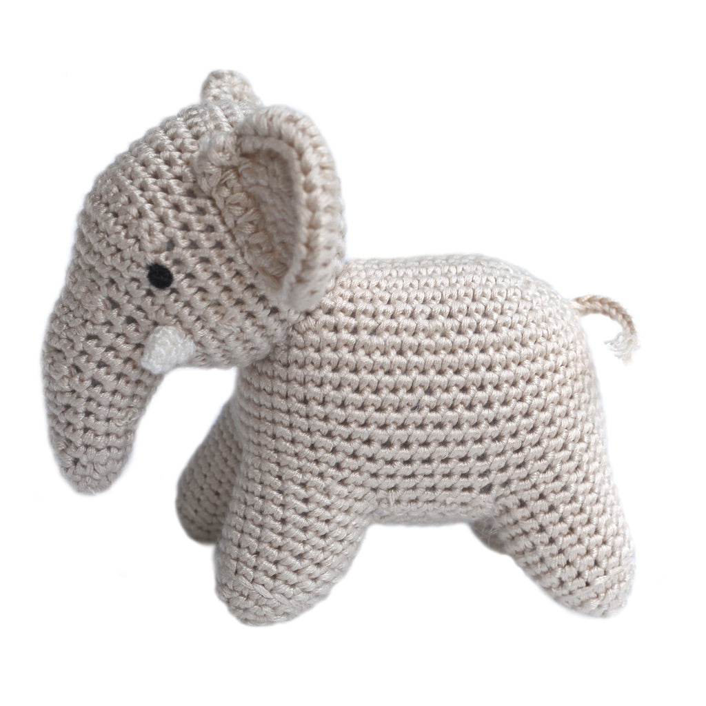 Cheengoo standing elephant rattle, hand crocheted in bamboo yarn