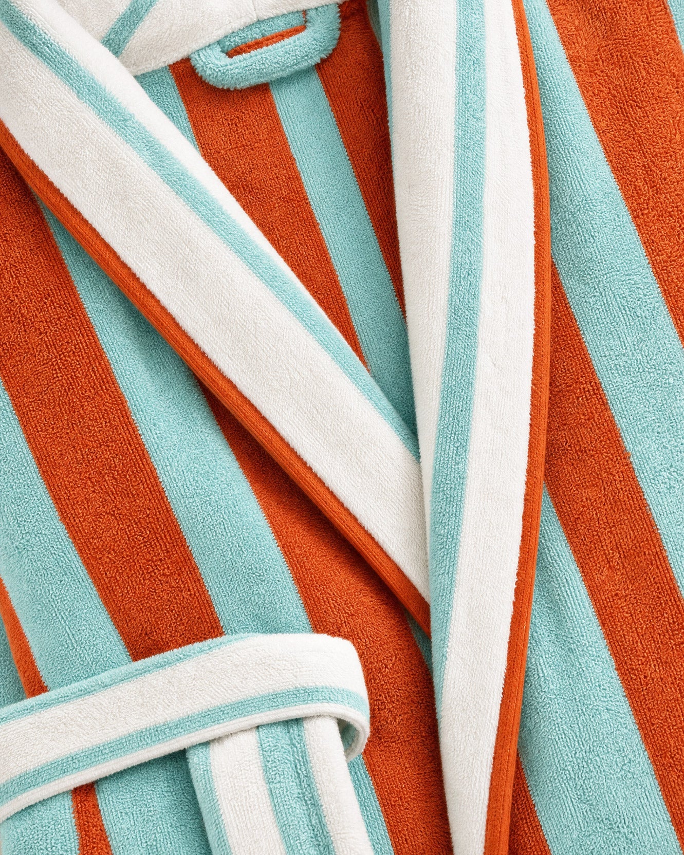 Spritz striped beach robe in off white and aperol, worn
