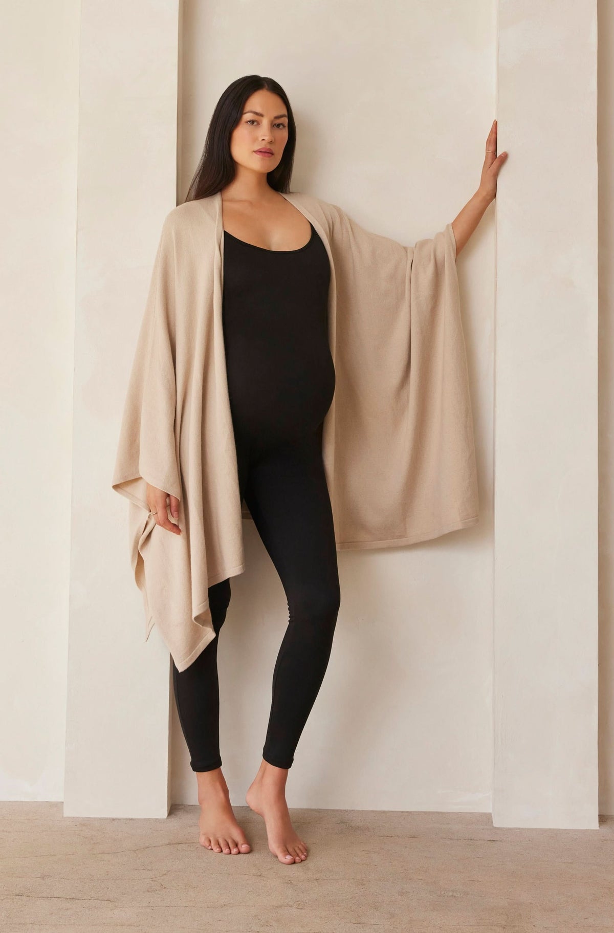 The Bumpsuit Infinity Wrap in Oat, full body