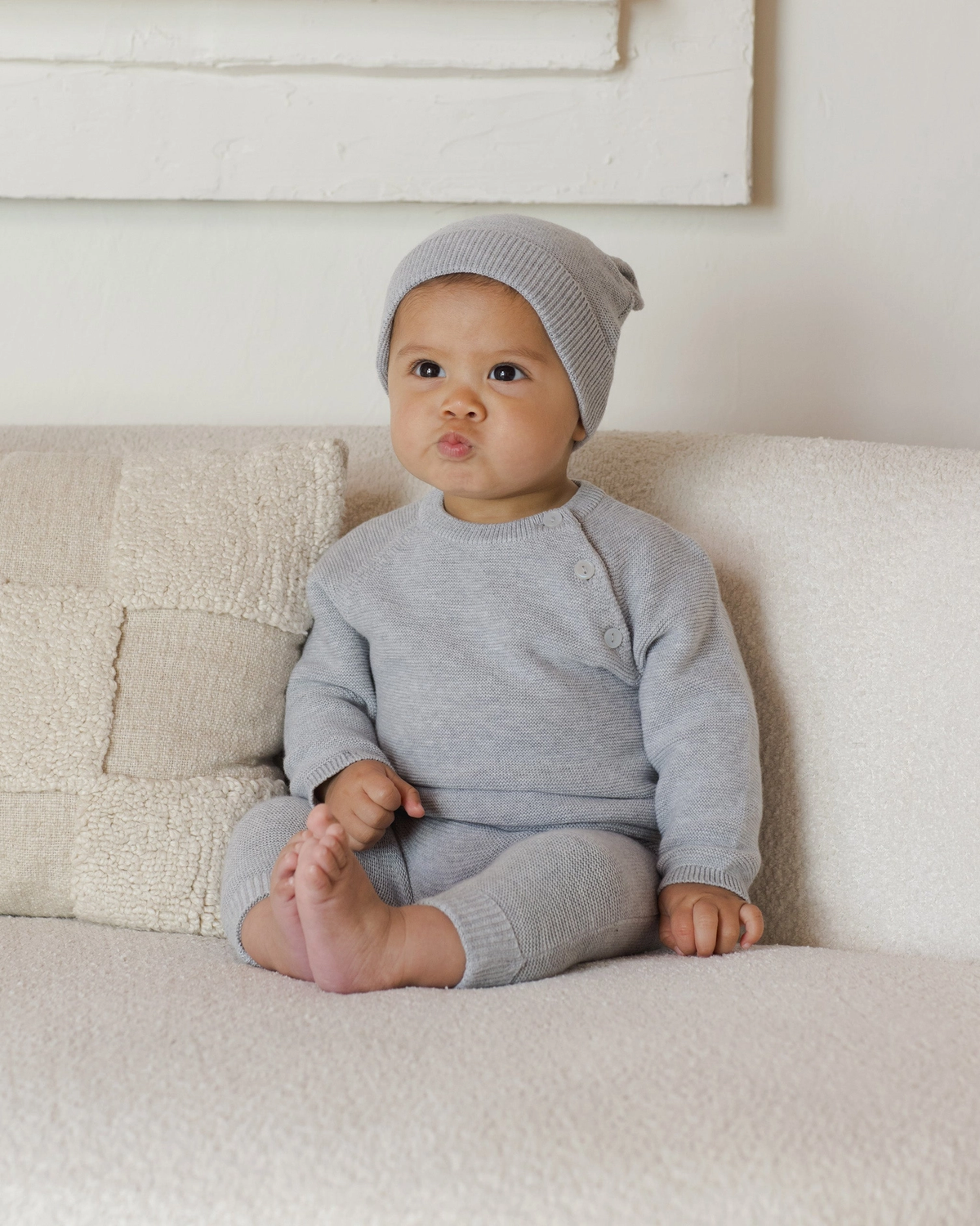The Welcome, Quincy Mae Baby Bear Beanie lifestyle, Heathered Dusty Blue