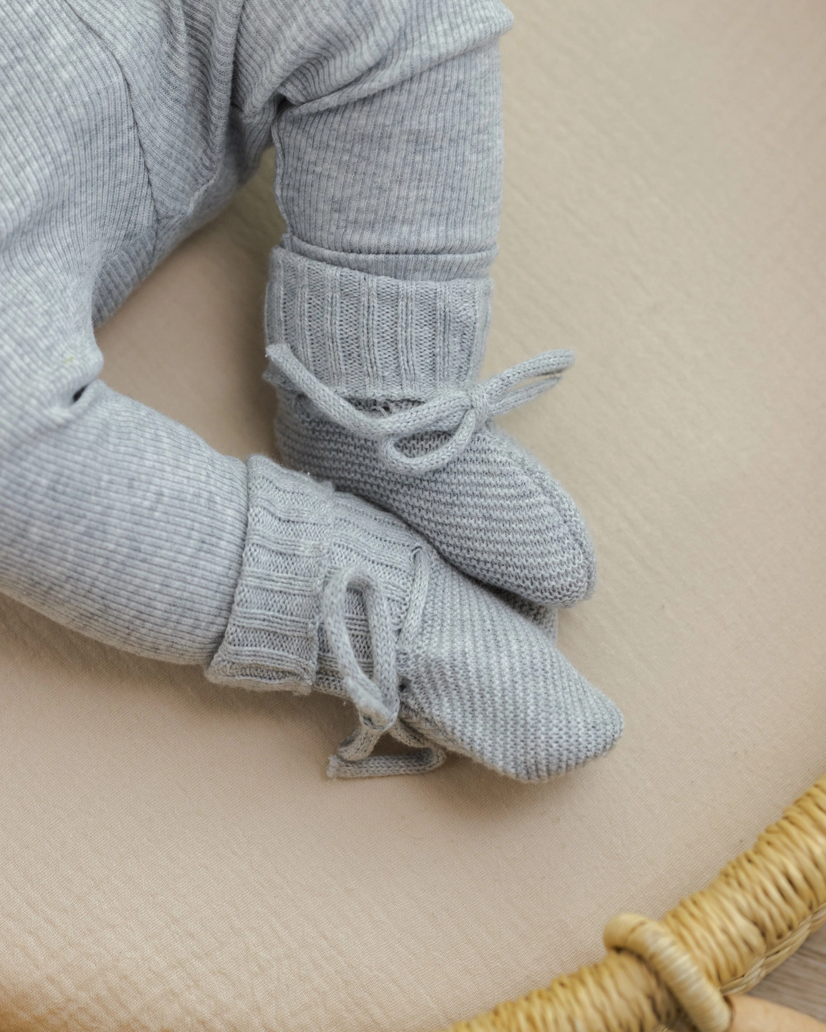 Knit Booties Heathered Dusty Blue on baby, Quincy Mae