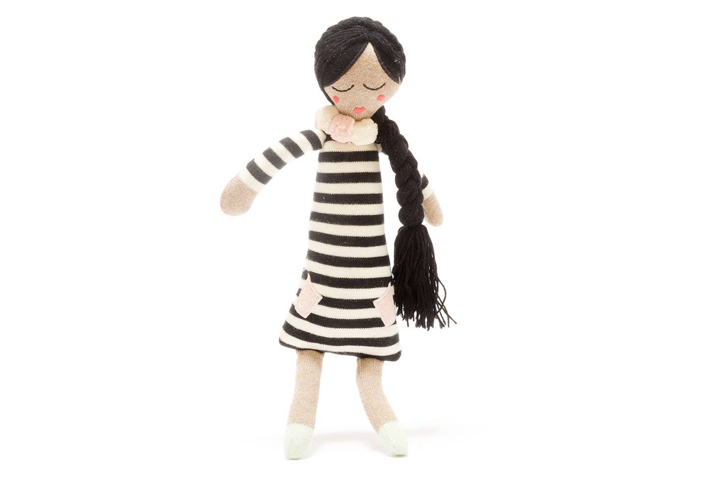 Organic Cotton Knitted Doll in Stripe Dress and Pompoms