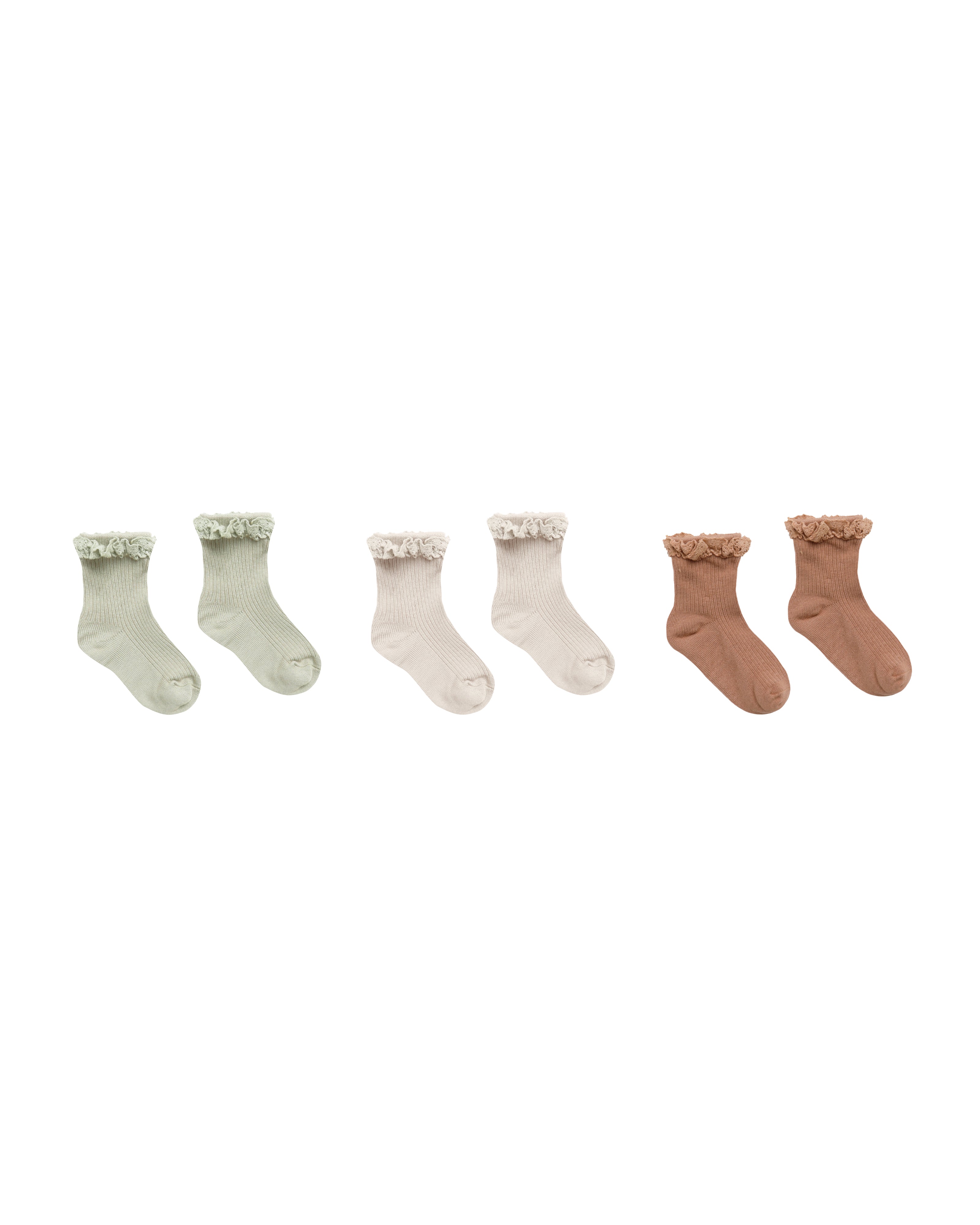 Lace Trim Socks Set Of 3 Sage-Shell-Terracotta